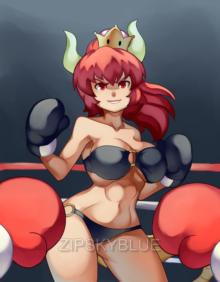 1girls abs bikini black_bikini black_boxing_gloves black_gloves bowsette boxing boxing_gloves boxing_ring breasts cleavage crown curvy eyebrows_visible_through_hair female female_only fighting_ring genderswap gloves highres horns human human_only looking_at_viewer mario_(series) new_super_mario_bros._u_deluxe nintendo ponytail pov red_bowsette red_boxing_gloves red_eyes red_gloves red_hair smile super_crown tail teeth thick thick_thighs thighs tied_hair watermark wide_hips zipskyblue