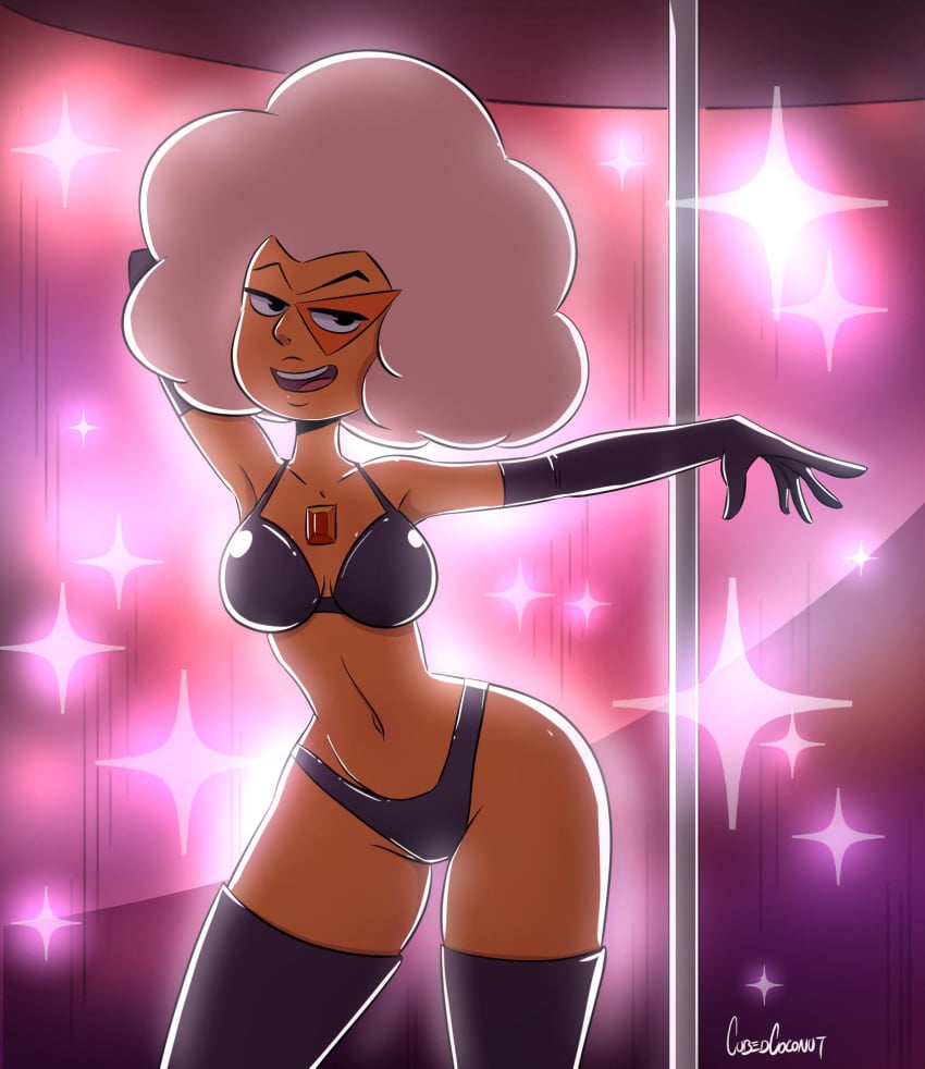 1girls alien alien_girl alien_humanoid bikini black_bikini black_thighhighs cartoon_network cubedcoconut female female_only gem_(species) hessonite_(steven_universe) long_gloves orange_skin solo steven_universe steven_universe:_save_the_light stripper stripper_pole stripping thighhighs