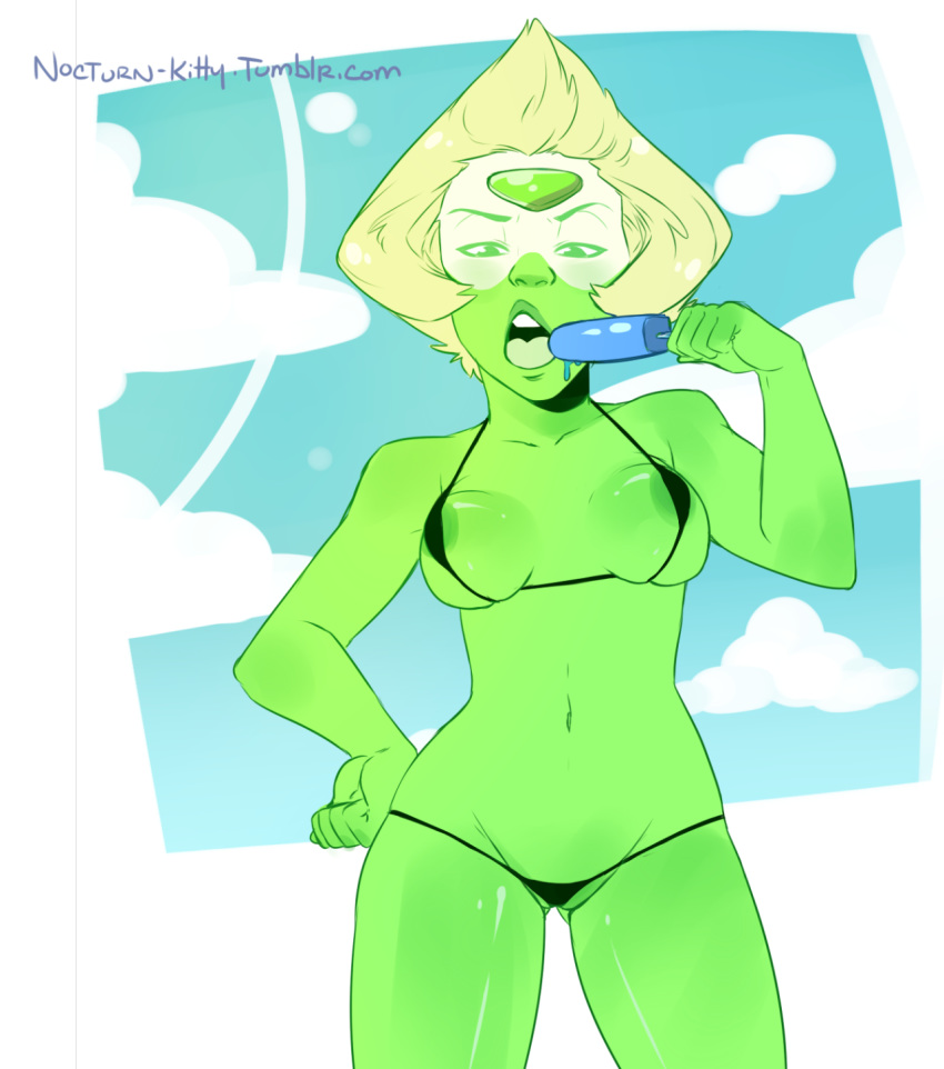 1girls areolae bikini cartoon_network female_only green_skin nocturn-kitty peridot_(steven_universe) popsicle steven_universe swimsuit thong