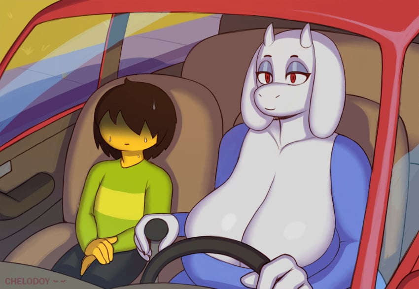 1boy 1girls animated anthro big_breasts bouncing_breasts breasts car chelodoy cleavage cute deep_cleavage deltarune driving female gif goat huge_breasts human kris_(deltarune) large_breasts nervous nervous_male purple_shirt red_eyes suggestive sweat toriel undertale