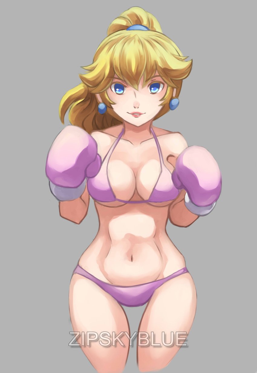 1girls bikini blonde_hair blue_eyes boxing boxing_gloves breasts cleavage curvy earrings female female_only front_view gloves grey_background highres human human_only light-skinned_female light_skin lips lipstick looking_at_viewer mario_(series) medium_breasts navel nintendo pale-skinned_female pale_skin pearl_earrings pink_bikini pink_boxing_gloves pink_gloves ponytail princess_peach simple_background smile solo solo_female standing swimsuit thick thick_hips thick_thighs thighs tied_hair watermark wide_hips zipskyblue