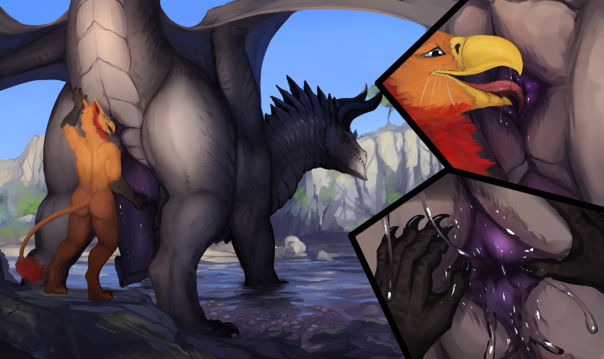 2019 5_fingers anal animal_genitalia anthro anthro_on_feral anus ass beak beast_rimming black_claws blue_eyes bodily_fluids claws cliff close-up creek curled_horn cutaway day digital_media_(artwork) drad dradmon dragon drooling duo erection feathers feral fingers genital_slit glans grey_body grey_horn grey_scales grey_skin grey_wings half-closed_eyes hi_res horn larger_feral larger_male looking_at_another looking_at_butt looking_at_partner looking_at_viewer looking_back male male/male male_on_feral membrane_(anatomy) membranous_wings multicolored_body multicolored_feathers nude open_beak open_mouth open_smile oral orange_body orange_feathers outside penis pink_tongue presenting presenting_hindquarters purple_anus purple_penis quadruped raised_tail rear_view red_(killioma) red_body red_eyes red_feathers ribbed_penis ridged_horn rimming rock saliva saliva_string scales scalie sex sharp_claws sharp_teeth signature size_difference sky slit smaller_anthro smaller_male smile spread_wings standing tail_tuft teeth toe_claws tongue tree tuft two_tone_body two_tone_feathers water western_dragon wings yellow_beak zoophilia