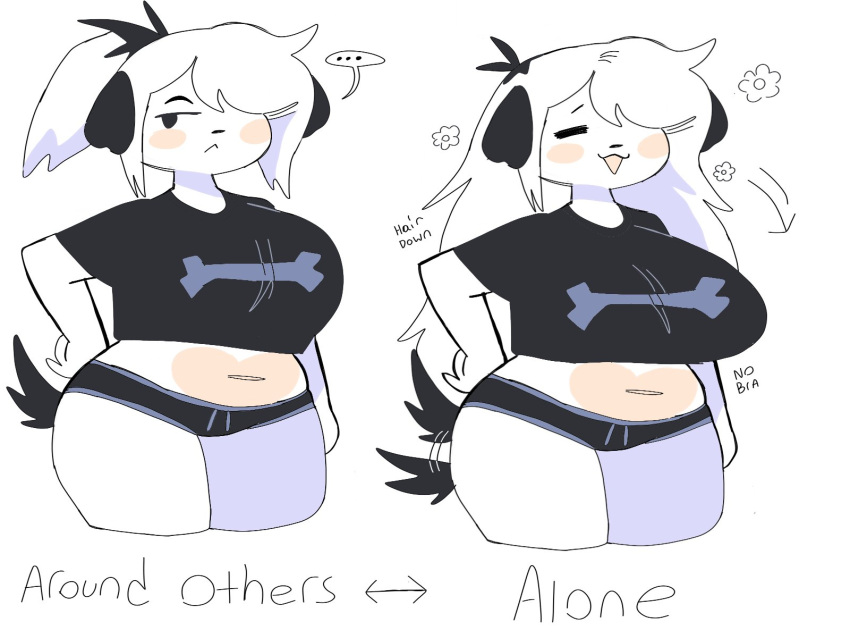 ... big_breasts breasts canid canine canis clothed clothing english_text female fur furry furry_only long_hair pepper_(puppychan) puppychan tagme tail text thick_thighs white_fur