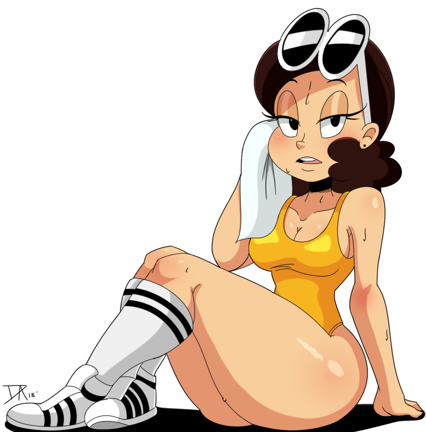 1girls big_breasts breasts brown_hair cleavage dalley_le_alpha eyeshadow female female_only glasses glasses_on_head half-closed_eyes leotard looking_at_viewer nickelodeon one-piece_swimsuit sitting straight_hair sweat sweating the_loud_house thicc_qt thick_thighs thighs towel wide_hips workout