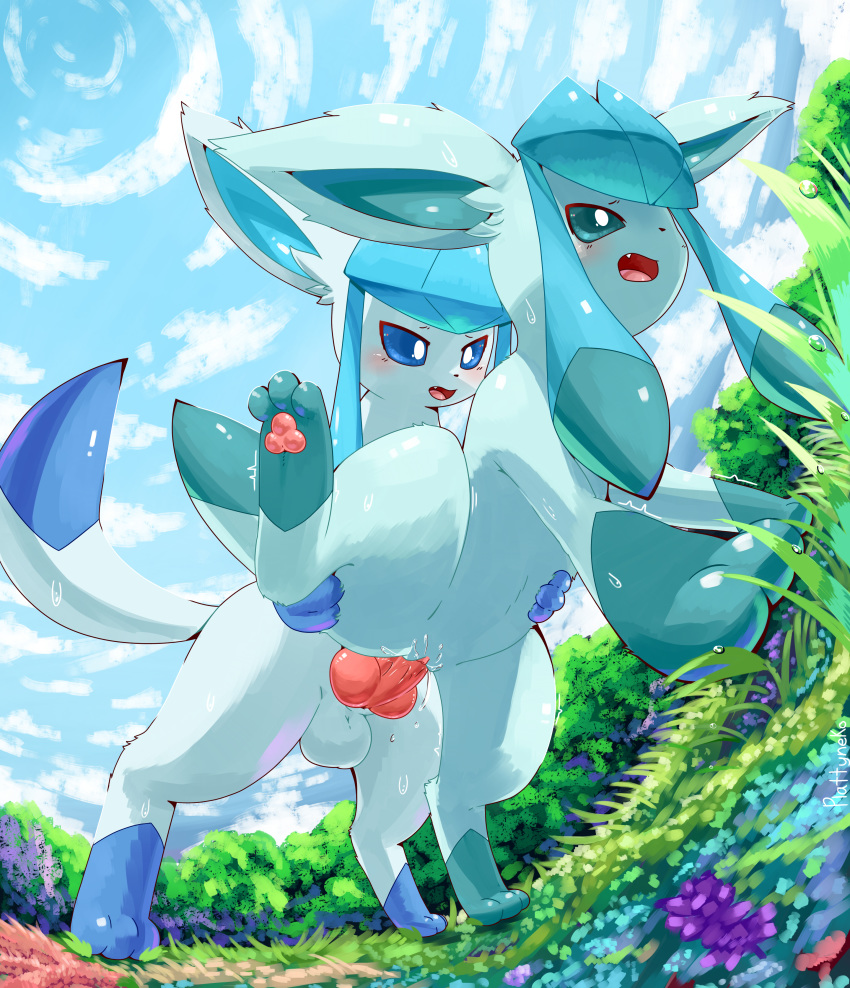 1boy 1girls 2019 absurd_res all_fours alternate_color animal_genitalia animal_penis belly big_ears blue_eyes blue_fur blush bodily_fluids canine canine_penis detailed_background doggy_style duo eeveelution erection feet female female_penetrated feral feral_on_feral flat_chest from_behind furry genital_fluids glaceon grass half-closed_eyes hi_res interspecies knot leg_markings leg_up long_ears low-angle_view male male_penetrating markings nintendo nude open_mouth original_character outdoors outside pawpads paws penetration penis plattyneko pokémon_(species) pokemon pokemon_dppt pussy pussy_juice sex sheath shiny_pokemon socks_(marking) straight sweat teeth testicles text thick_thighs tongue trembling vaginal_penetration video_games watermark wet wide_hips worm's-eye_view