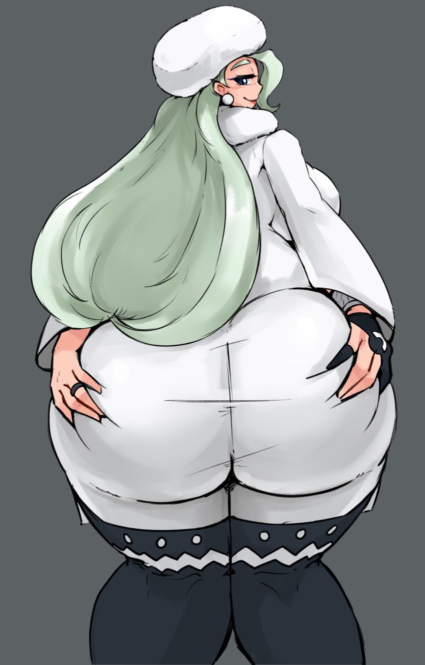 1girls ass ass_focus ass_grab back bent_over big_ass big_breasts blue_eyes bracelet chubby clothed clothes drawfag dress earrings eye_contact eyelashes female female_only gloves green_hair grey_background half-closed_eyes hat huge_ass huge_breasts human human_only large_ass large_breasts long_hair looking_at_viewer looking_back melon_(pokemon) melony_(pokemon) milf nintendo pokemon pokemon_ss pose ring sketch smile solo source_request standing thick_thighs thigh_gap white_dress wide_hips