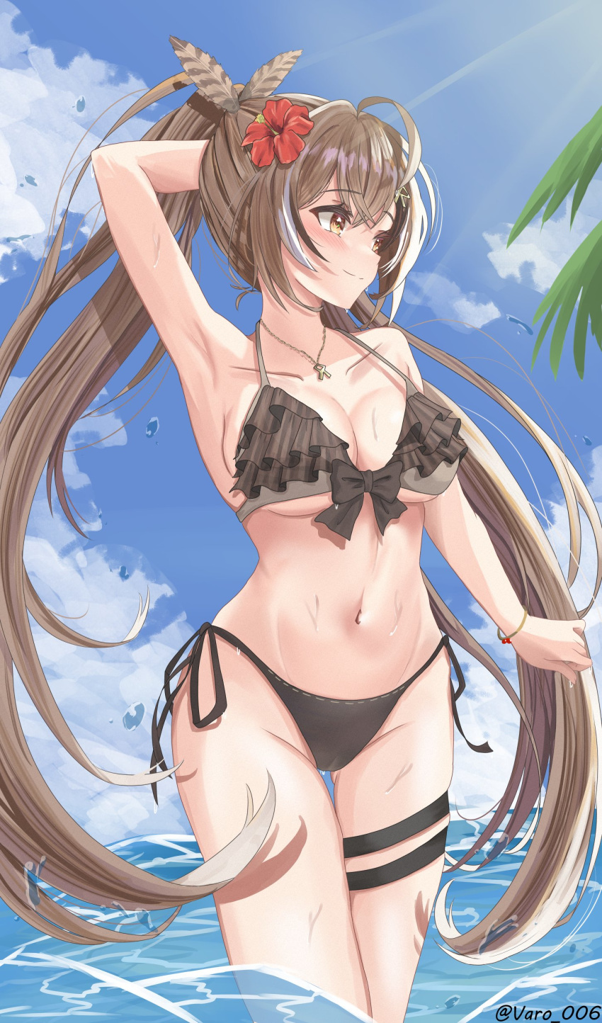 1girls 2d 2d_(artwork) alternate_costume arm_behind_head belly_button big_breasts bikini bikini_bottom bikini_top brown_bikini brown_bikini_bottom brown_bikini_top brown_hair clouds day female female_focus female_only flower flower_in_hair front_view high_resolution highres hololive hololive_english hololive_english_-council- hololive_english_-promise- hourglass_figure light-skinned_female light_skin long_hair nanashi_mumei navel ocean outdoors palm_tree ponytail sky solo solo_female solo_focus standing standing_in_water summer swimsuit thong thong_bikini two_piece_swimsuit varo_006 very_long_hair virtual_youtuber vtuber vtuberfanart water wet wet_body young younger_female