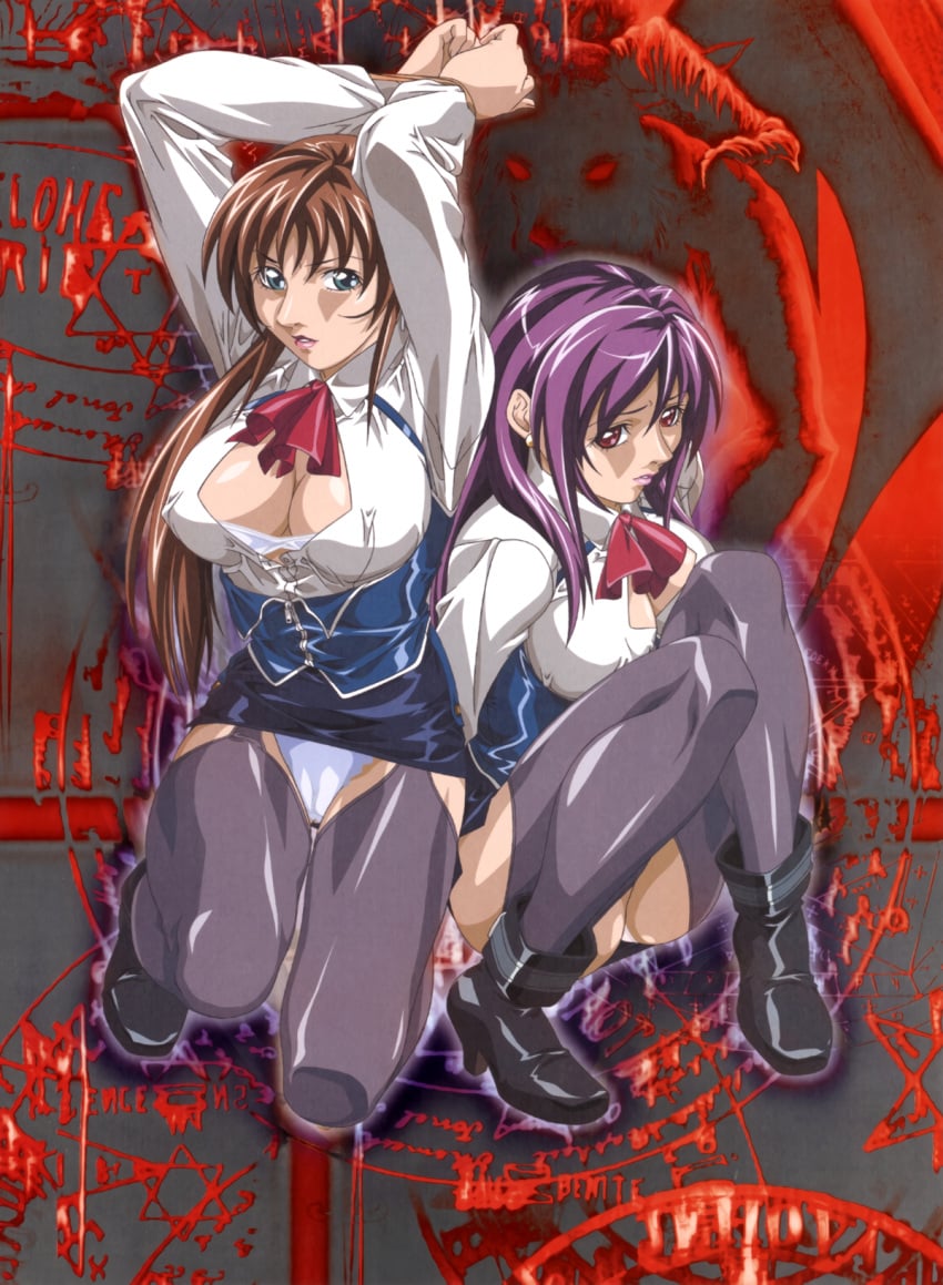 2girls bible_black bible_black_new_testament big_breasts blood bondage bound breasts brown_hair center_opening cleavage female female_only full_body garter_belt garter_straps huge_breasts ichikawa_aki imari_kurumi lipstick long_hair makeup no_bra official_art panties pentagram pinup ponytail purple_hair revealing_clothes rope shin_bible_black shoes side_ponytail skimpy skimpy_clothes submissive submissive_female tied_up traditional_media_(artwork) underwear very_long_hair voluptuous