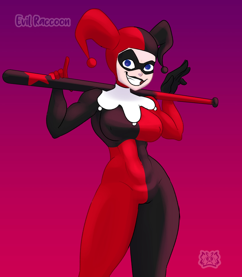 1girls abs artist_logo artist_name baseball_bat bat batman_(series) big_breasts blue_eyes bodysuit costume dc dc_comics evil_raccoon eye_mask female female_only harley_quinn harley_quinn_(classic) smile solo tight_clothing