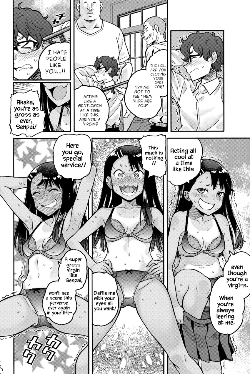 1girls 3boys 774_(nanashi) bow bow_panties bra comic comic_page english_text female hayase_nagatoro human male monochrome motion_lines multiple_boys naoto_hachioji_(senpai) official_art page_21 panties please_don't_bully_me,_nagatoro tagme text volume_5