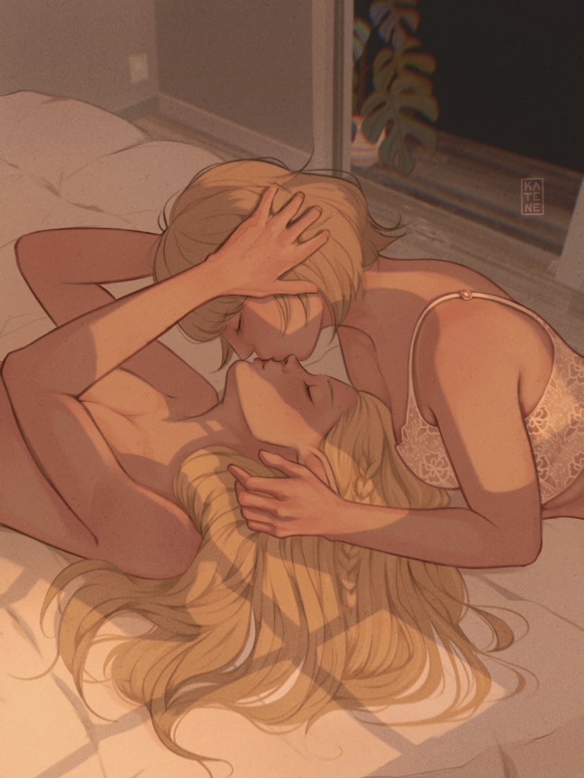 2girls artist_logo artist_name bed bed_sheet bedroom bedsheet blonde_hair braided_hair breasts closed_eyes clothed_female_nude_female color completely_nude delicious_in_dungeon dungeon_meshi elf_ears elf_female eyes_closed falin_touden fanon_couple female female_only hand_on_another's_head highres holding_another's_head holding_partner indoors katene kissing light-skinned light-skinned_female light_skin lighting long_hair lying lying_on_back lying_on_bed marcille_donato multiple_girls partially_clothed plant pointy_ears romantic romantic_couple sheet short_hair wall watermark white_bra wholesome yuri