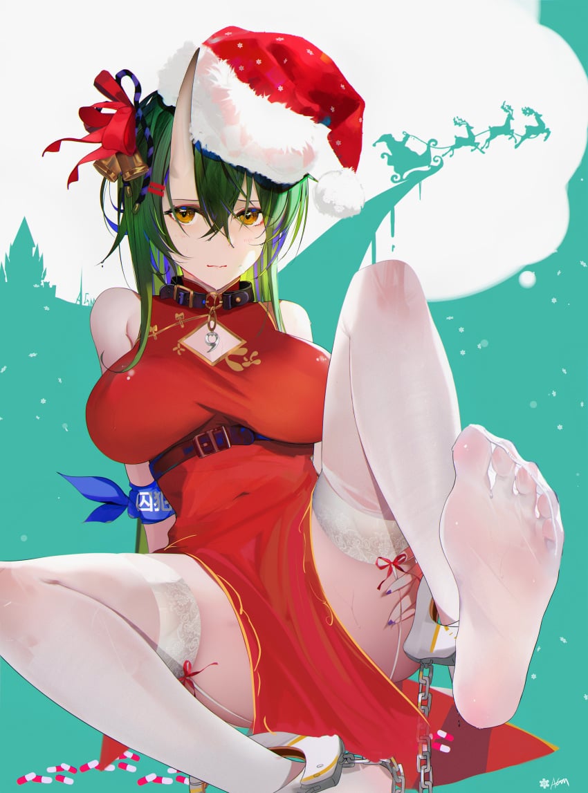 1girls arknights big_breasts christmas_hat female female_focus foot hoshiguma_(arknights) sole toes