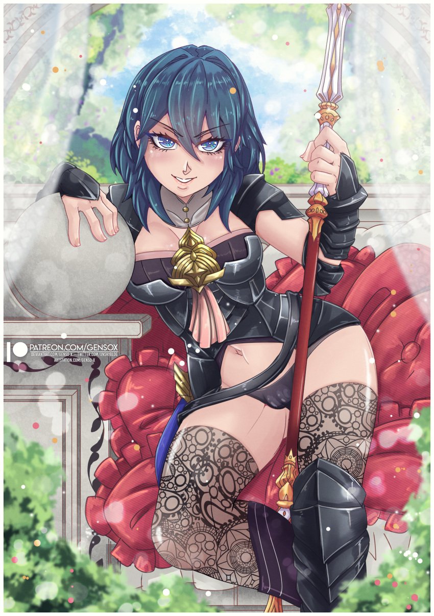 1girls armor ass_visible_through_thighs bare_thighs black_panties blue_eyes bodice boots breasts bush byleth_(fire_emblem) byleth_(fire_emblem)_(female) curtains evil_grin evil_smile female female_only fire_emblem fire_emblem:_three_houses gensox grin hair_between_eyes leggings looking_at_viewer medium_breasts medium_hair navel nintendo outdoors panties partially_visible_vulva pillow see-through sitting smile solo spear teal_hair thighhighs thighs underwear weapon wide_hips