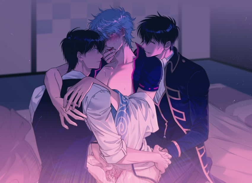 1cuntboy 2boys black_hair blush clone cuntboy feige's_violent_words finger_fuck finger_in_another's_mouth fingering fingering_partner genderswap genderswap_(mti) gintama gintoki_sakata hijikata_toshiro indoors intersex kimono male police_officer police_uniform pubic_hair pussy shinsengumi_(gintama) sleeves_rolled_up smile sweat threesome tongue_out uncensored