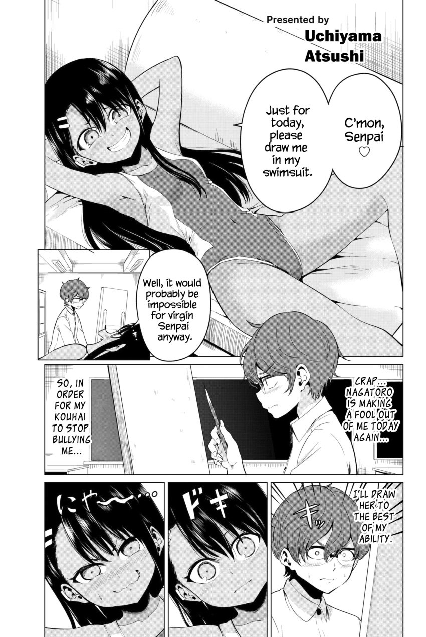 1boy 1girls 774_(nanashi) breasts comic comic_page english_text female glasses hayase_nagatoro heart human long_hair male monochrome naoto_hachioji_(senpai) navel official_art page_28 please_don't_bully_me,_nagatoro speech_bubble swimsuit swimwear text text_bubble