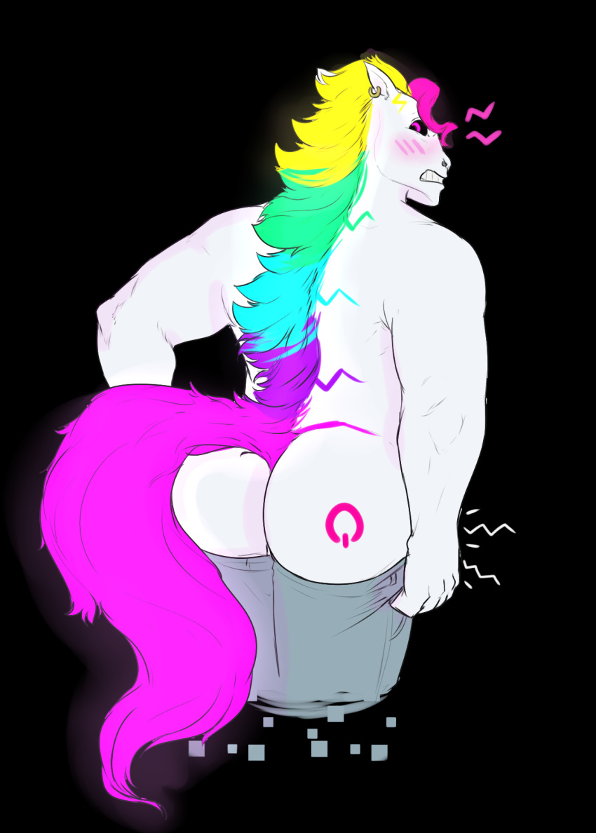 12_(himeros) ass black_background blush bottomwear bubble_butt clothing embarrassed equid equine hair hi_res himerosthegod horse looking_back male male_only mammal multicolored_hair pants rainbow_hair simple_background solo white_body white_skin