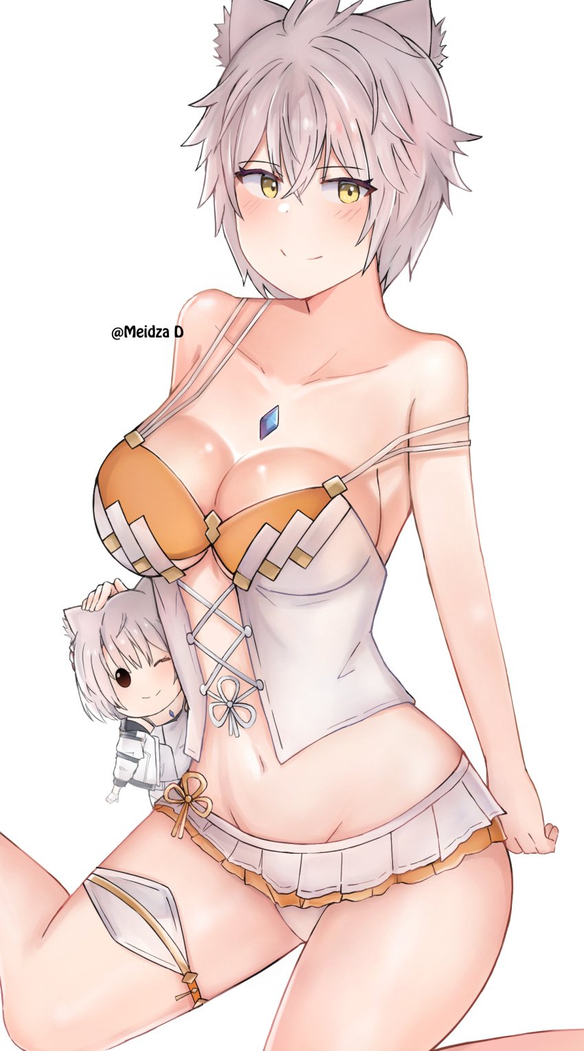 beady_eyes big_breasts blush cat_ears catgirl core_crystal female gold_eyes grey_hair looking_at_viewer meidza_d multicolored_swimsuit na'el_(xenoblade) panties petting_head plushie plushie-like scratching_head shiny_hair shiny_skin short_gray_hair short_hair skirt smile swimsuit tagme tie white_panties white_skirt white_swimsuit wink winking xenoblade_(series) xenoblade_chronicles_3