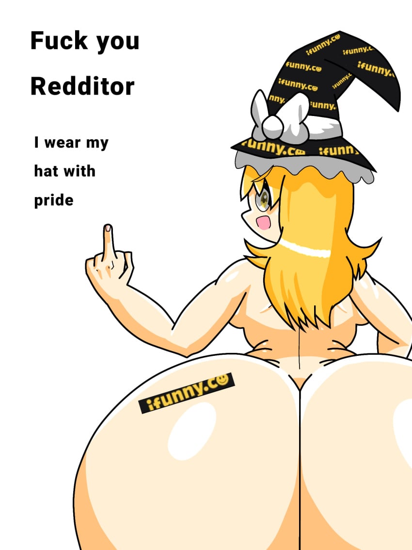 1girls artist_upload blonde_female blonde_hair bow female female_only hugeassfan hyper_ass ifunny ifunny_watermark light-skinned_female light_skin light_skinned_female looking_at_viewer looking_back marisa_kirisame meme middle_finger naked naked_female nude nude_female self_upload shitpost solo solo_female tattoo touhou white_bow witch witch_hat yellow_eyes yellow_hair