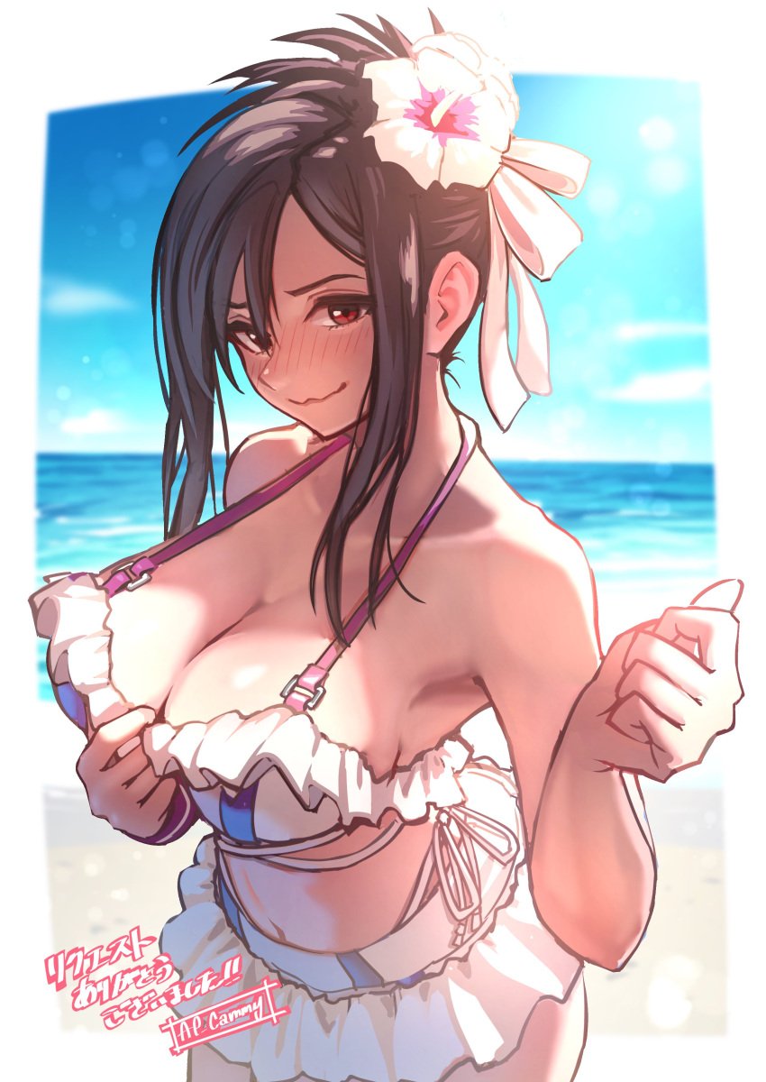 1girls absurdres ap_cammy beach bikini bikini_skirt black_hair blush breasts cleavage embarrassed female final_fantasy final_fantasy_vii final_fantasy_vii_rebirth final_fantasy_vii_remake flower frilled_bikini frilled_bikini_top frills hair_flower hair_ornament highres large_breasts leaning_forward looking_at_viewer microskirt ocean official_alternate_costume official_alternate_hairstyle skirt smile solo swimsuit thong_bikini tifa_lockhart tifa_lockhart_(shining_spirit) white_bikini