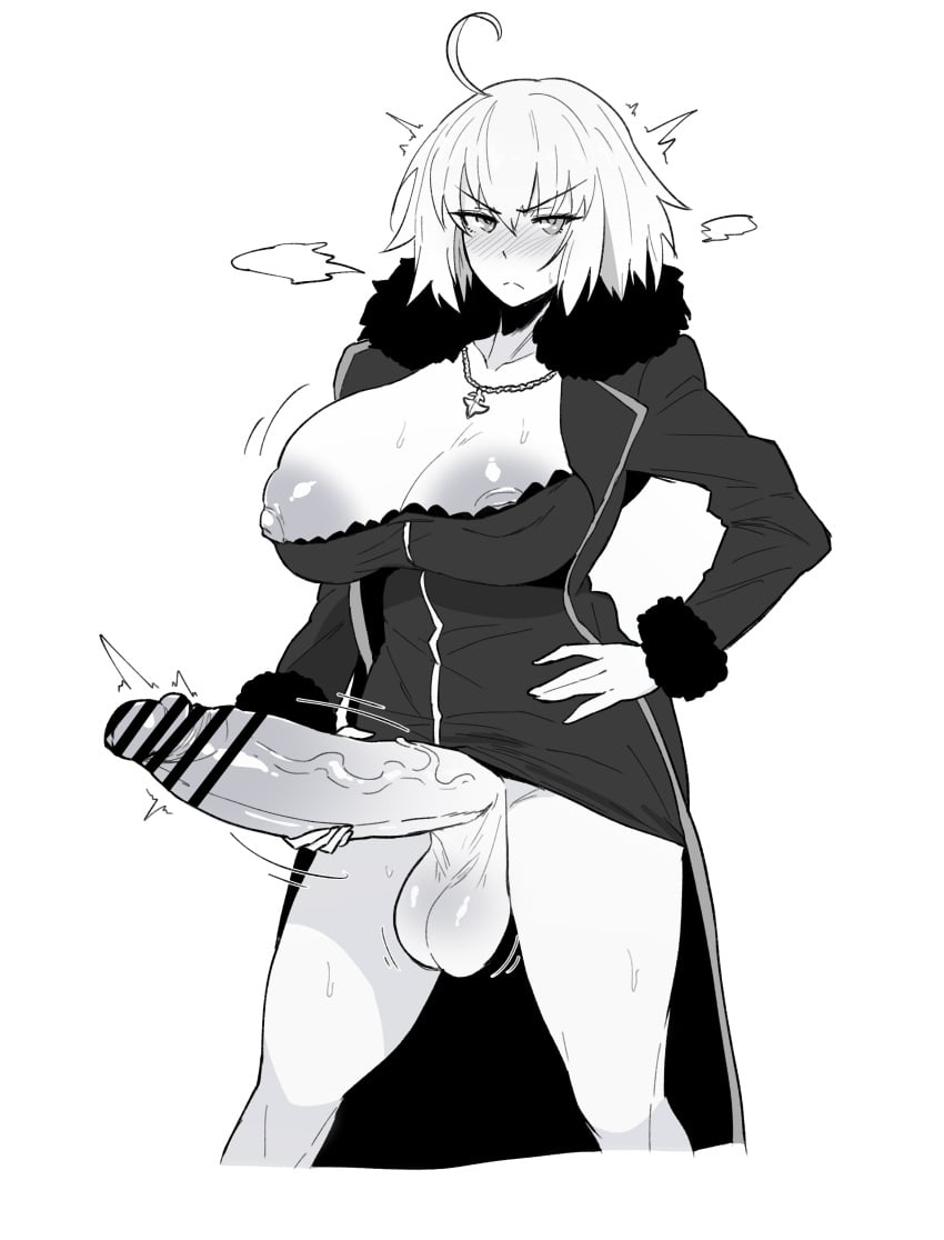 1futa absurdres ahoge bar_censor big_breasts blush breasts censored closed_mouth clothed clothing coat cropped_legs dress erection fate/grand_order fate_(series) fur-trimmed_coat fur-trimmed_sleeves fur_trim futa_only futanari futanari_masturbation greyscale hand_on_own_hip highres huge_breasts huge_cock human jeanne_d'arc_alter_(fate) jeanne_d'arc_alter_(ver._shinjuku_1999)_(fate) jewelry long_sleeves looking_at_viewer masturbation mochiume9 monochrome mostly_clothed nipple_slip nipples open_clothes open_coat pendant penis short_hair solo standing testicles veins veiny_penis