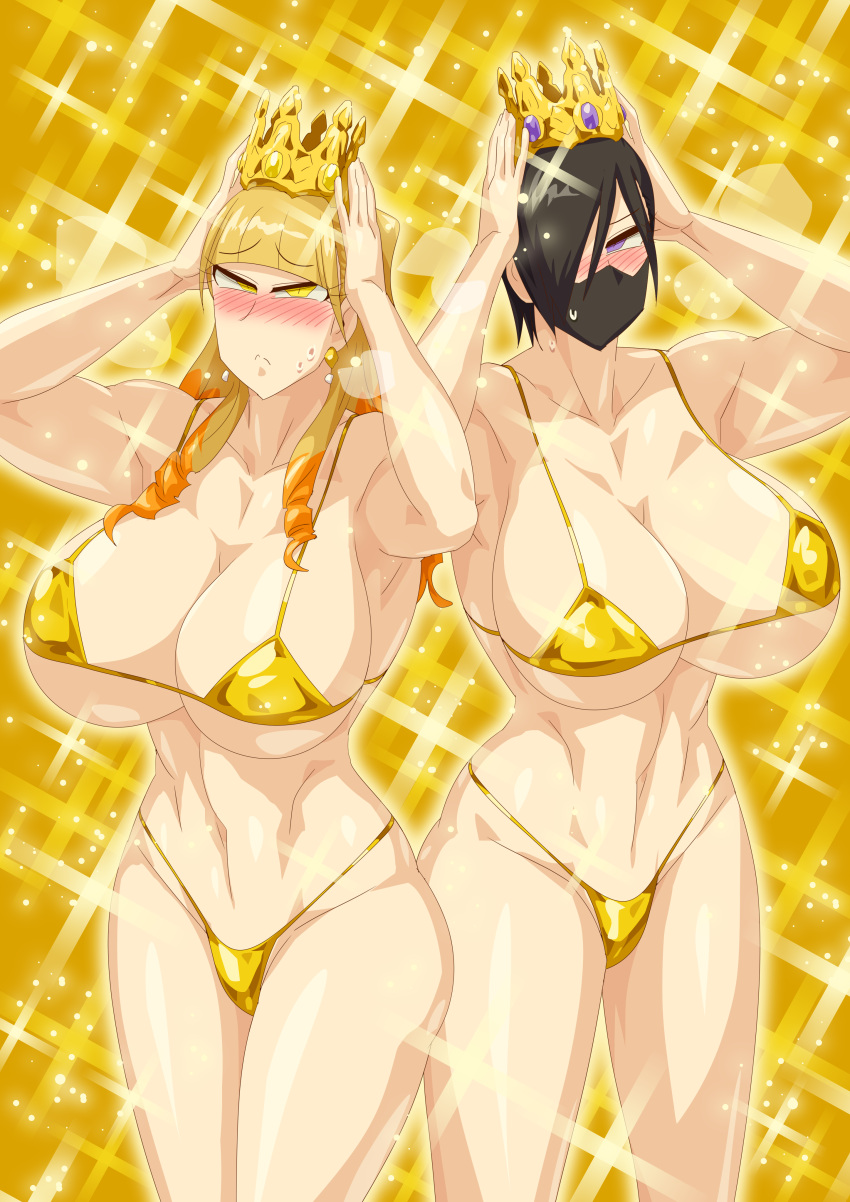 2girls alluring athletic_female big_breasts bikini black_hair blonde_hair cloak crown face_mask female_abs fit_female kanisuka_rita mask multiple_girls ohsama_sentai_king-ohger otokam1117 otokamu pin_up ran_himeno super_sentai swimsuit yellow_eyes