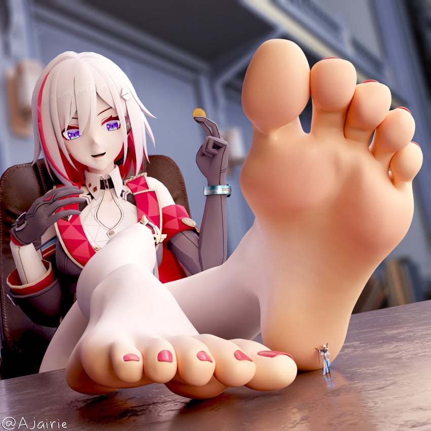 2girls ajairie bronya_rand feet feet_up foot_fetish foot_worship giantess honkai:_star_rail minigirl purple_eyes red_toenails sitting soles toes topaz_(honkai:_star_rail) white_hair