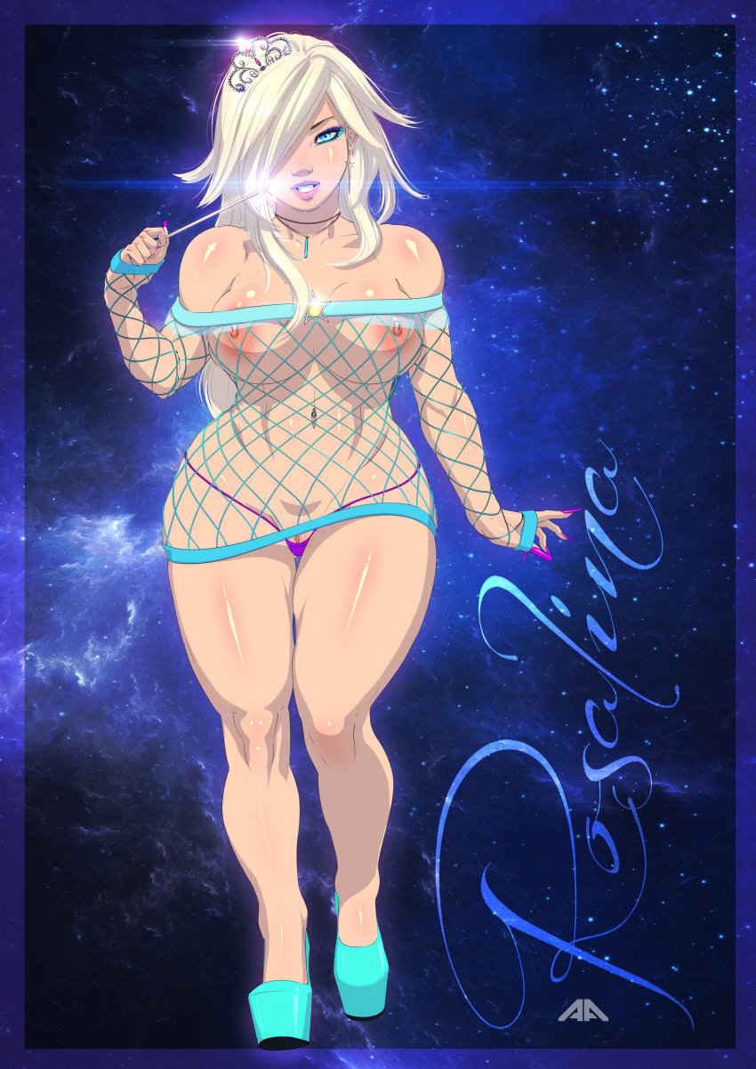 amaurymangaka areolae athletic bare_legs bare_shoulders big_breasts bimbo blonde_hair blue_eyes breasts busty clitoral_hood clitoris clitoris_slip crown earrings eyelashes eyeshadow female female_focus female_only fishnet_shirt fishnets full_body functionally_nude g-string hair_over_one_eye high_heels hourglass_figure large_breasts lipstick long_fingernails long_hair magic_wand mario_(series) mascara muscular_legs muscular_thighs nail_polish navel_piercing necklace nintendo nipples piercing pinup pose posing princess_rosalina see-through solo space standing super_mario_galaxy tagme thick_thighs thong wand wide_hips