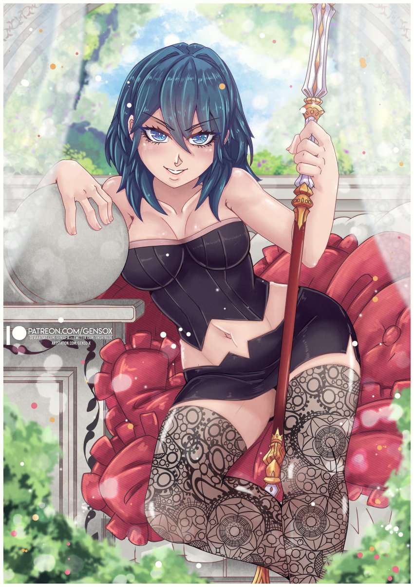 1girls ass_visible_through_thighs bare_arms bare_midriff bare_shoulders bare_thighs black_panties blue_eyes bodice breasts bush byleth_(fire_emblem) byleth_(fire_emblem)_(female) collarbone curtains evil_grin evil_smile female female_only fire_emblem fire_emblem:_three_houses gensox grin hair_between_eyes leggings looking_at_viewer medium_breasts medium_hair midriff navel nintendo outdoors panties pantyshot pantyshot_(sitting) pillow see-through shoulders sitting skirt smile solo spear teal_hair thighhighs thighs underwear upskirt weapon wide_hips