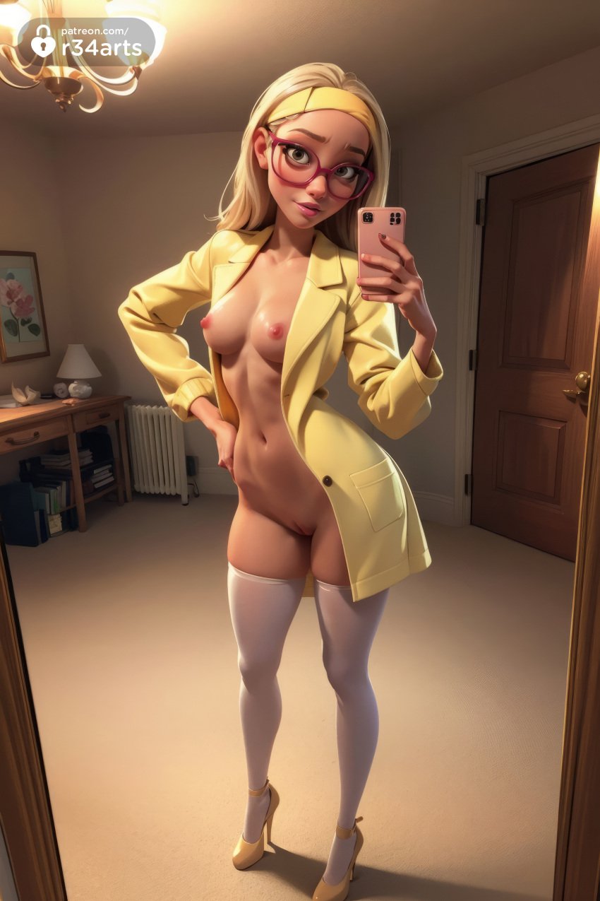 1girls ai_generated big_hero_6 cape disney female fit_female glasses hairband heels high_heels honey_lemon light-skinned_female light_skin long_hair marvel naked naked_female no_panties no_underwear nude nude_female pale pale-skinned_female pale_skin r34arts selfie slim_waist solo stockings vagina young younger_female