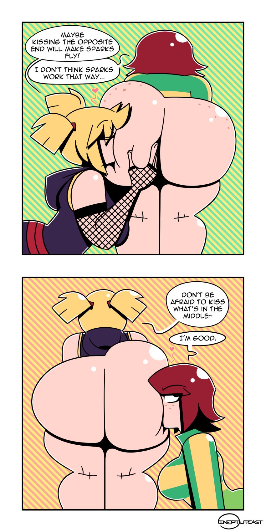 2girls ass ass_kiss bent_over big_ass blonde_hair bottomless bubble_butt dialogue fat_ass female female_only freckles huge_ass ineptoutcast kim_pine kissing_ass large_ass png red_hair roxanne_richter scott_pilgrim text thick_ass thick_thighs wide_hips yuri