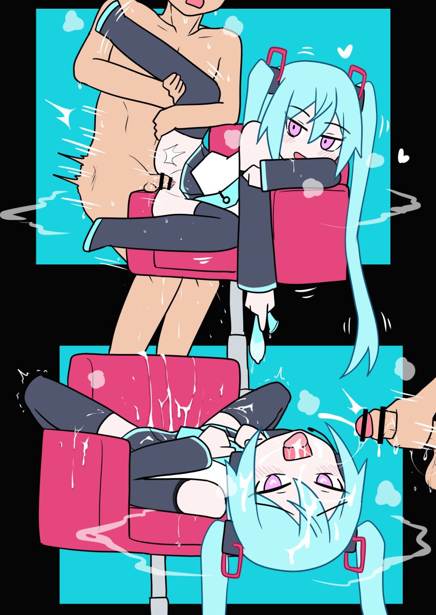 1boy 1girls accurate_art_style aqua_hair black_skirt black_sleeves censor_bar censored chair chibi collared_shirt condom cum cum_everywhere cum_in_mouth detached_sleeves excessive_cum hatsune_miku heart holding_condom long_hair masturbation multiple_views mv_character pink_eyes pleated_skirt sex shirt sleeveless sleeveless_shirt tokumei_m_(vocaloid) twintails vocaloid white_shirt yunshih