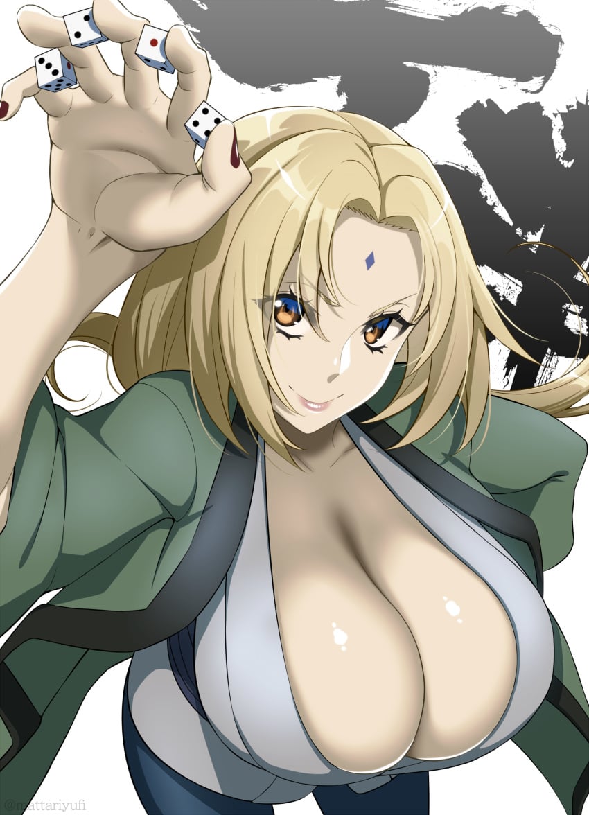 1girls absurdres between_fingers blonde_hair breasts brown_eyes cleavage commentary_request dice facial_mark forehead_mark highres holding holding_dice huge_breasts long_hair long_sleeves looking_at_viewer mattari_yufi naruto naruto_(series) naruto_shippuden open_clothes parted_bangs red_nails shiny_skin smile solo translation_request tsunade upper_body wide_sleeves