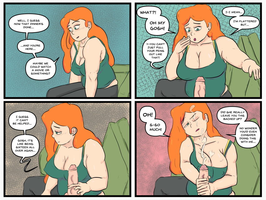 bbw bbw_mom comic couch english_text ex-girlfriends_mother facial handjob large_breasts negative_inspiration red_hair