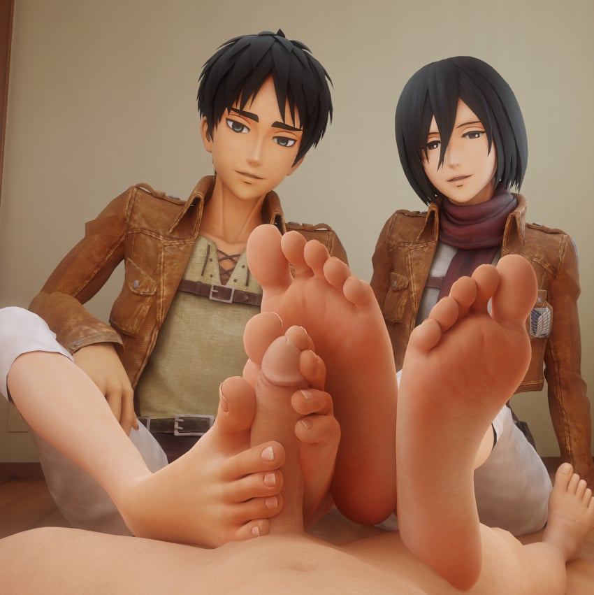 1girls 2boys 3d attack_on_titan both_sexes_in_same_situation crossed_legs eren_jaeger foot_fetish foot_focus footjob looking_at_viewer mikasa_ackerman mrgtsfloop pov shingeki_no_kyojin