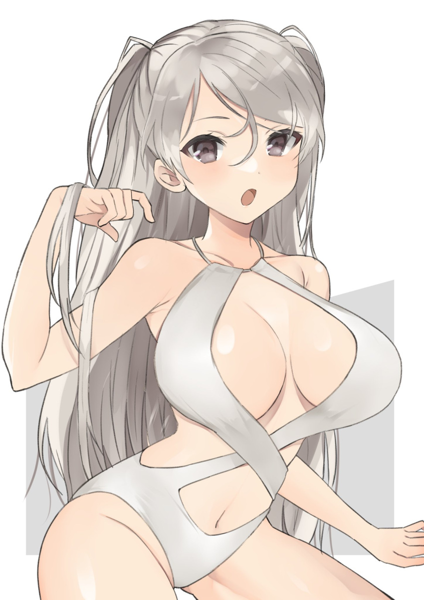 alternate_costume breasts brown_eyes clothing_cutout collarbone conte_di_cavour_(kantai_collection) cowboy_shot female hair_between_eyes highres kantai_collection large_breasts long_hair looking_at_viewer navel one-piece_swimsuit open_mouth simple_background solo stomach_cutout swimsuit toriniku_senshi_chikinman two_side_up underboob_cutout white_background white_swimsuit