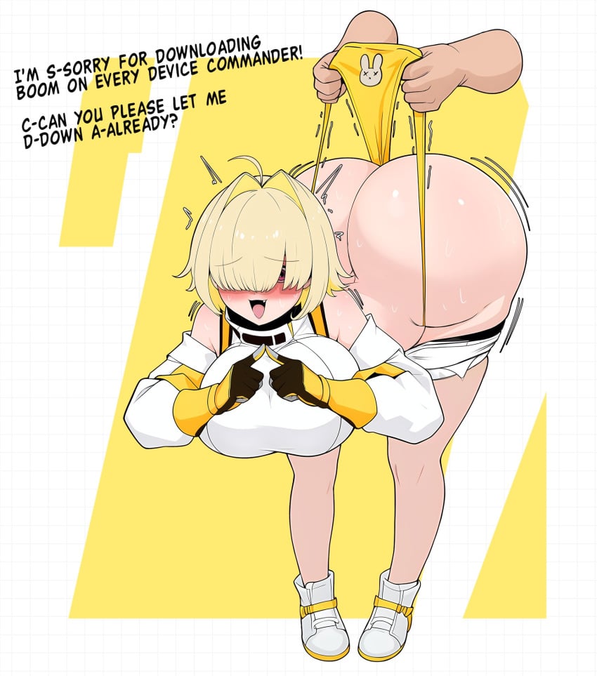 1girls ai_assisted apologizing ass ass_bigger_than_head ass_up atomic_wedgie big_ass big_breasts blonde_hair blushing breasts bubble_butt bunny_panties dialogue disembodied_hand elegg_(nikke) fang female_focus fidgeting floating_hands goddess_of_victory:_nikke hair_covering_eyes lifted monkechrome multicolored_hair panties pink_eyes shift_up short_hair shorts shorts_down tagme thick_ass thick_thighs wedgie wide_hips yellow_panties