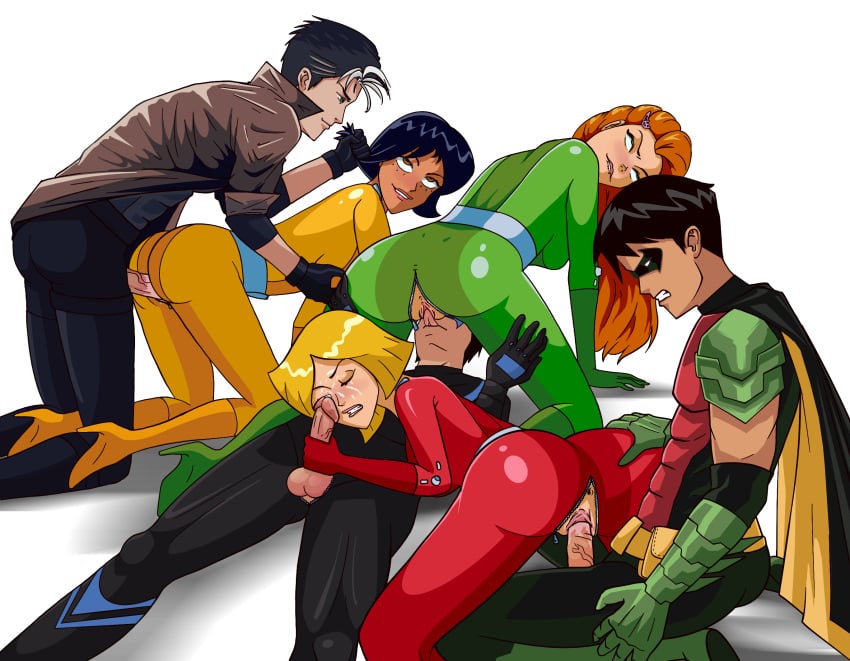 3boys 3girls alex_(totally_spies) anus balls batman_(series) breasts clover_(totally_spies) crossover cum_on_face cum_shot dc dc_comics dick_grayson doggy_style doggystyle facesitting female hair_pull hair_pulling jason_todd male nightwing oral oral_sex penis pussy red_hood_(dc) ripped_clothing robin_(dc) robin_(tim_drake) sam_(totally_spies) tim_drake totally_spies