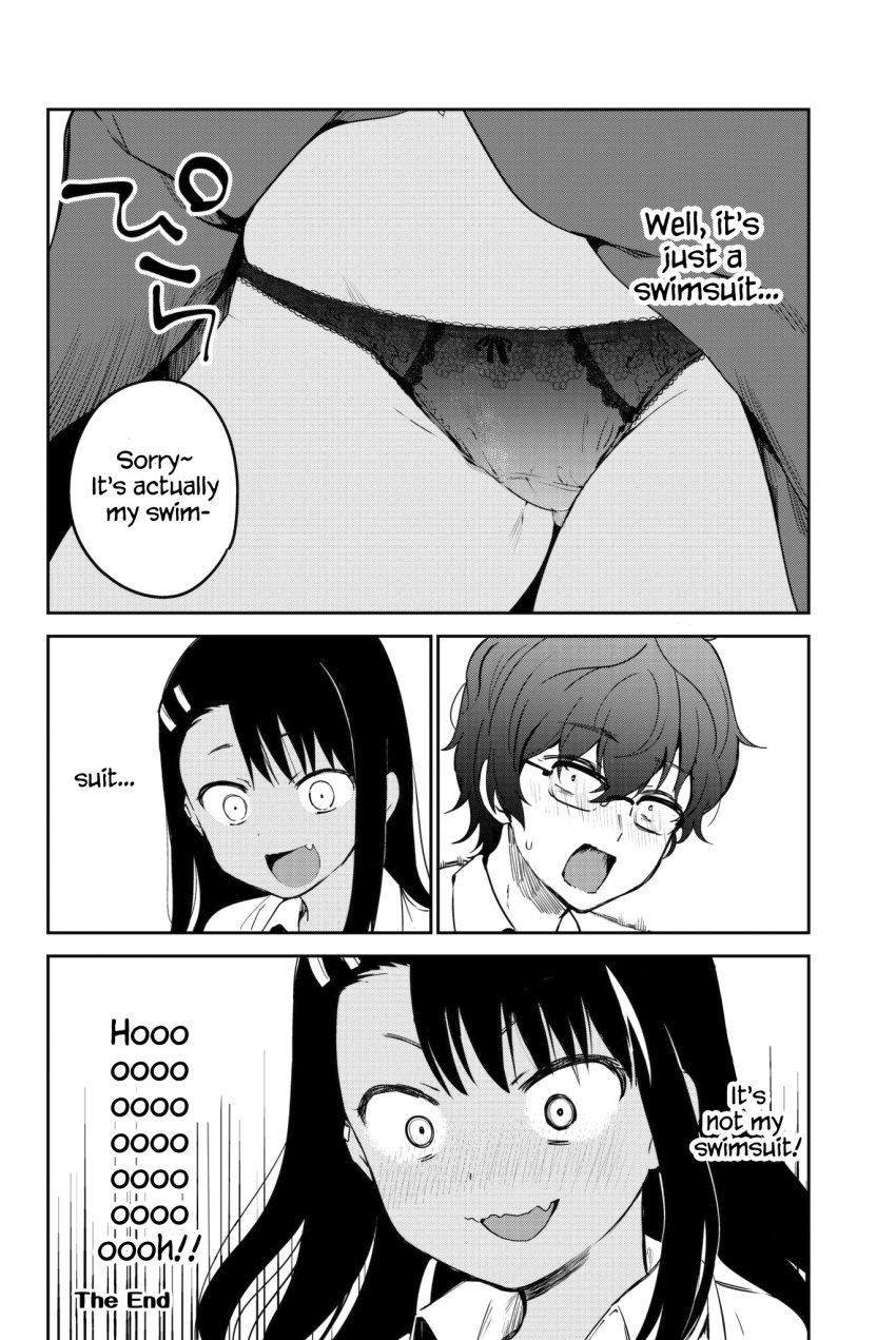 1boy 1girls 4_panel_comic 774_(nanashi) accident accidental_exposure bow bow_panties comic comic_page comic_panel english_text female glasses hayase_nagatoro human male monochrome naoto_hachioji_(senpai) official_art page_17 panties please_don't_bully_me,_nagatoro skirt text the_end