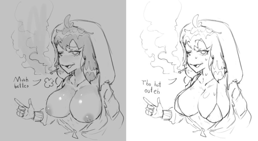 2girls areolae bangs big_breasts bikini breasts cigar female_focus female_only grey_background greyscale hoodie loose messy_hair milf multiple_girls qlex_beyond6 raised_eyebrow relief seductive_look smoke speech_bubble storyshift storyshift_chara storyshift_chara_(snowman_corporation) sweat undertale undressing unzipped