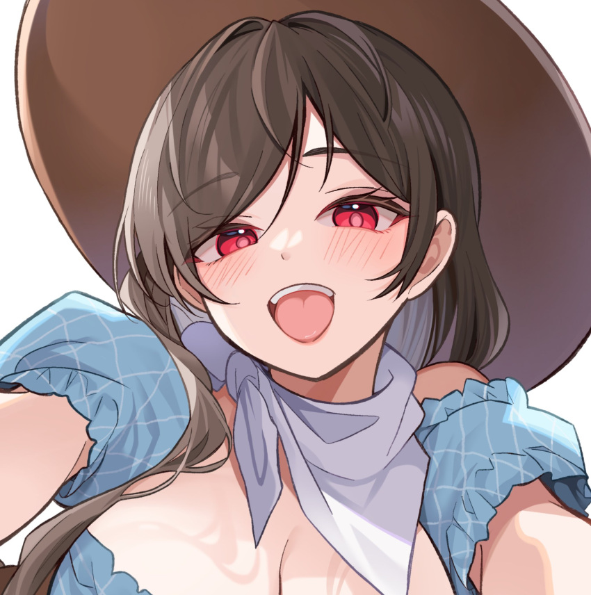 breasts brown_hair cleavage cowboy_hat female hat highres kurokoma_saki looking_at_viewer meimei_(meimei89008309) open_mouth puffy_short_sleeves puffy_sleeves red_eyes short_sleeves simple_background smile solo touhou white_background