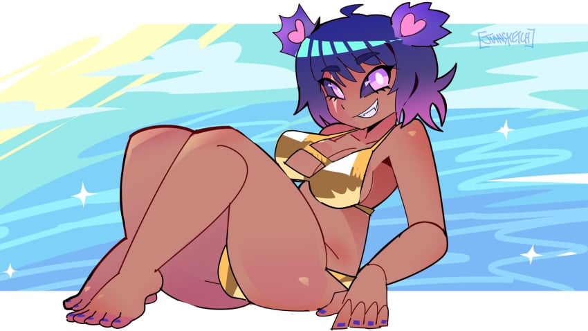 1girls bikini blue_toenails breasts dark-skinned_female dark_skin feet fortnite fortnite:_battle_royale gold_bikini hoodless_raven_team_leader jiansketch purple_hair raven_team_leader