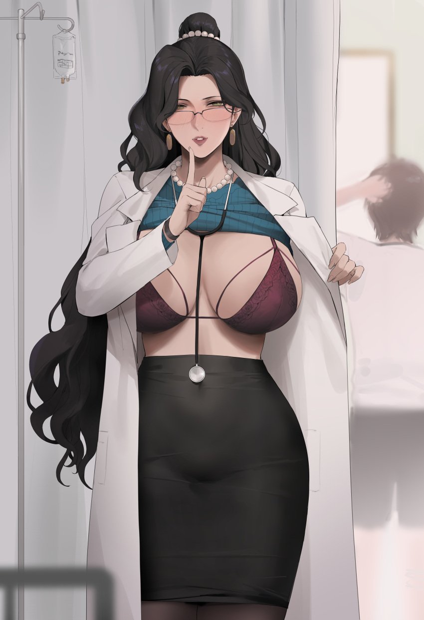 1boy 1girls absurd_res aliosarvin black_hair black_pantyhose black_shorts black_skirt blue_shirt blue_sweater blush bra breasts coat covered_navel curtains doctor earrings glasses green_eyes hair_bun huge_breasts large_areolae long_hair looking_at_viewer necklace nipples original pantyhose parted_lips pearl_necklace pencil_skirt purple_bra shirt_lift skirt solo_focus standing stethoscope sweater_lift teeth white_jacket white_shirt wristband