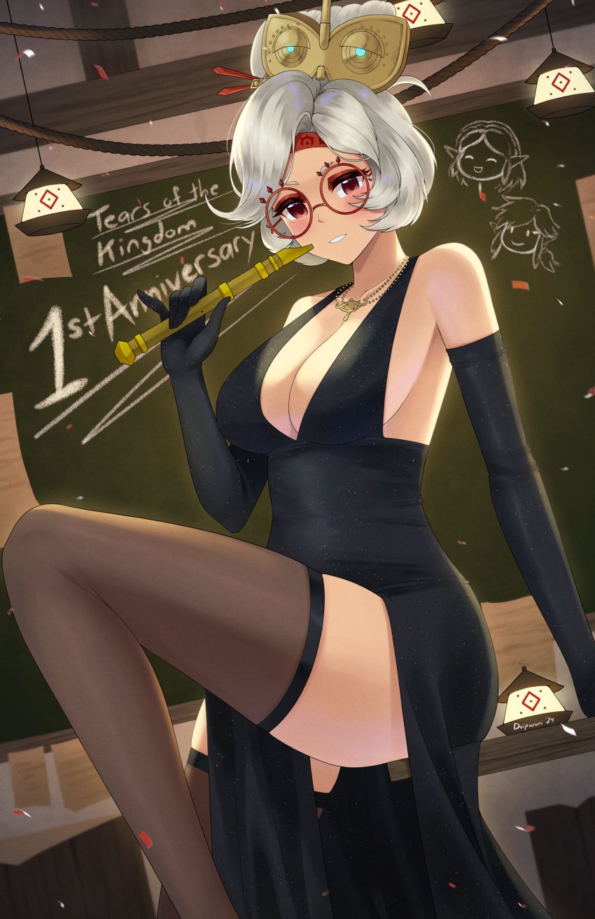 1girls alternate_costume anniversary background_characters black_dress black_gloves blush breasts brown_thighhighs chalkboard cleavage doiparuni dress elbow_gloves eyeshadow female glasses gloves hair_ornament hair_stick highres holding holding_musical_instrument indoors jewelry large_breasts link looking_at_viewer makeup musical_instrument necklace nintendo parted_lips princess_zelda purah purah_(tears_of_the_kingdom) recorder_(musical_instrument) red-framed_eyewear red_eyes red_eyeshadow round_eyewear sheikah sleeveless sleeveless_dress smile solo tagme tears_of_the_kingdom the_legend_of_zelda the_legend_of_zelda:_tears_of_the_kingdom thighhighs updo white_hair zelda_(tears_of_the_kingdom)