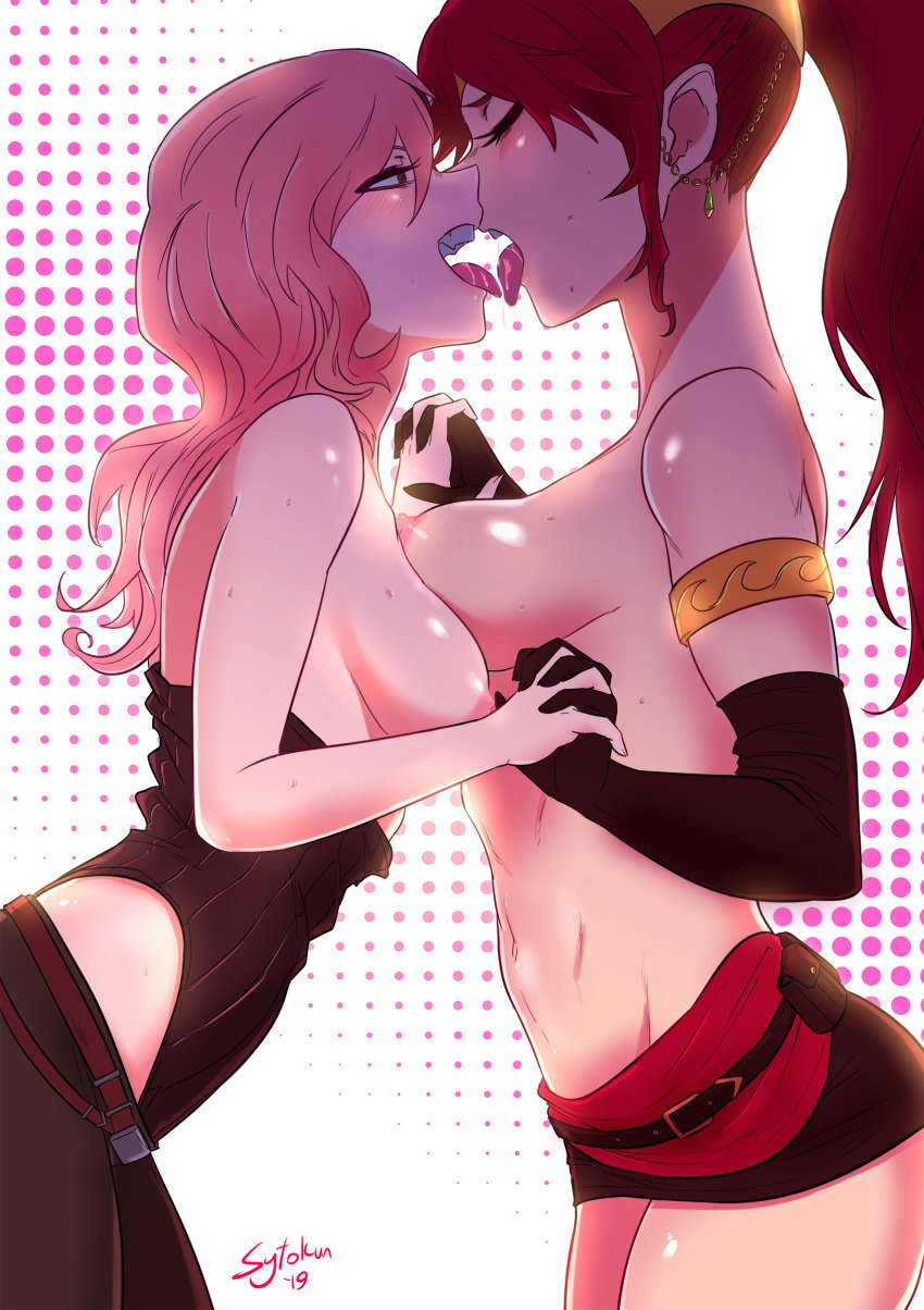 2girls bangs big_breasts blush breast_press clothes female french_kiss green_eyes hand_holding high_ponytail kissing long_hair multicolored_hair multiple_girls neo_(rwby) nipples ponytail pyrrha_nikos red_hair rwby shiny_hair shiny_skin sidelocks size_difference sytokun tongue_out yuri