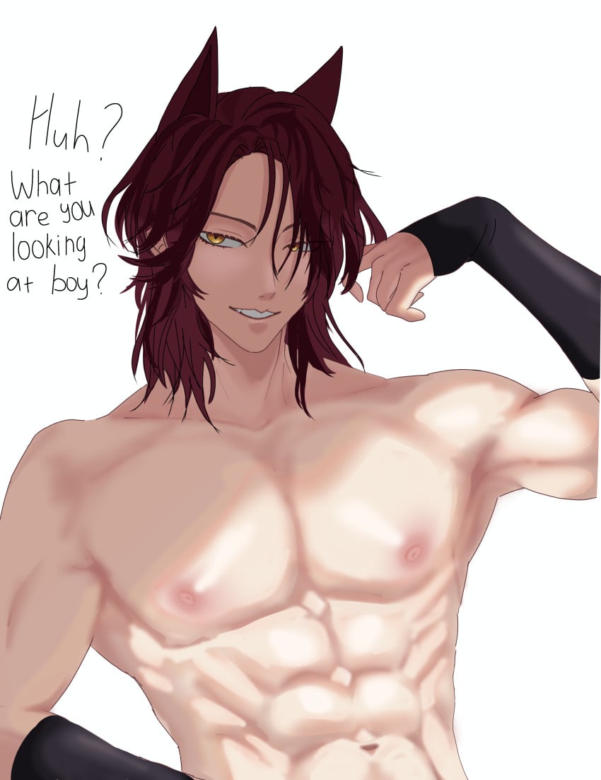 abs bisexual_male burgundy_hair dominant_male exposed_nipples exposed_shoulders exposed_torso gay gay_male grinning_at_viewer male mlm muscles muscular muscular_arms muscular_male no_sex original original_art original_artwork original_character yaoi yellow_eyes