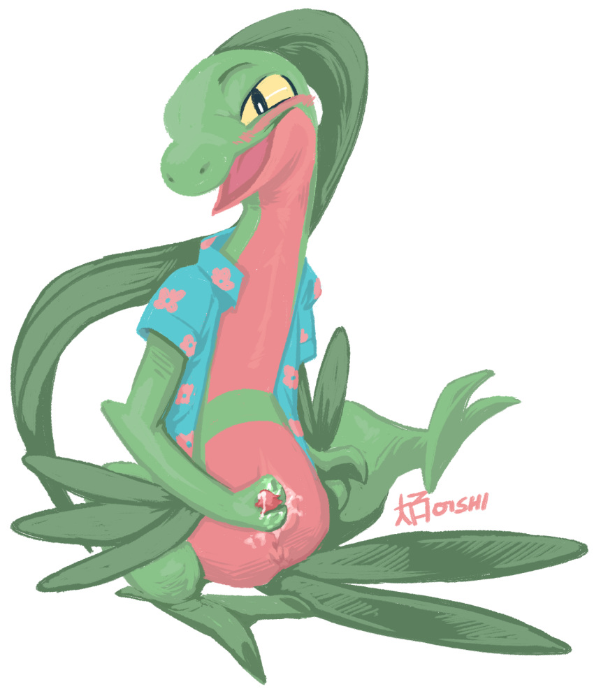 1boy animal_genitalia blush bodily_fluids digital_media_(artwork) eye_contact fingering genital_fluids genital_slit grovyle half-closed_eyes hi_res looking_at_viewer male male_only masturbation nintendo o-ishi open_mouth original_character penis pokémon_(species) pokemon pokemon_(species) pokemon_rse scalie sketch slit smile text tracy_(linker) video_games watermark wet wide_hips