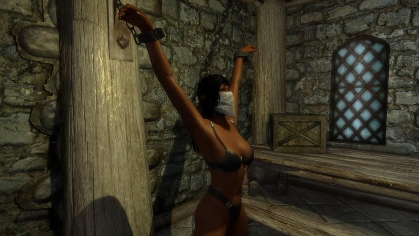 1girls 3d black_bra black_panties bondage bound_wrists bra cloth_gag dirkjag gag gagged highleg_panties mod panties shackles skyrim underwear