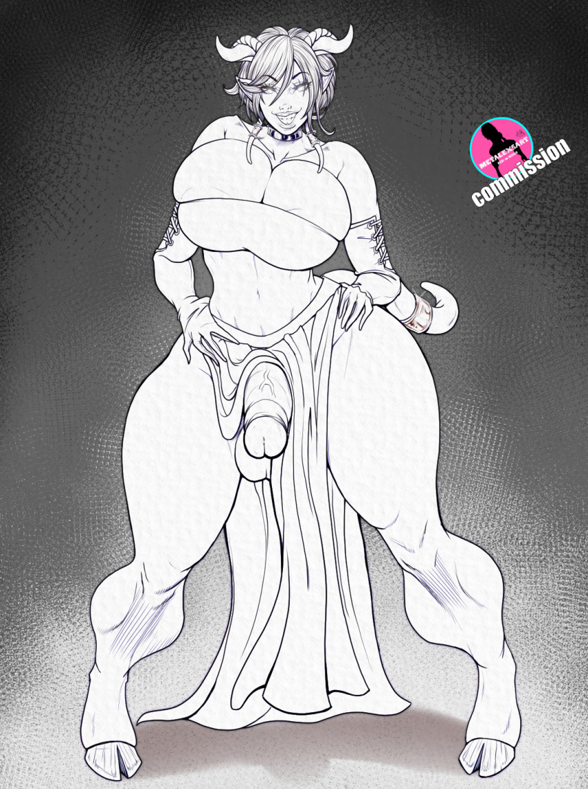 big_balls big_breasts big_penis crop_top futa_only futanari hooves horns loincloth metalexsart monochrome