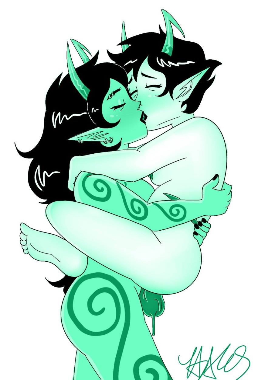 1futa 1girls alien big_ears black_hair black_hair_female body_markings colored_skin female futa_on_female futanari gray_skin grey_skin haksdrawsthings homestuck homestuck_troll horn horns incest intersex kanaya_maryam kissing long_ears long_hair long_hair_female mother_and_daughter nude porrim_maryam tattoo tattoos troll