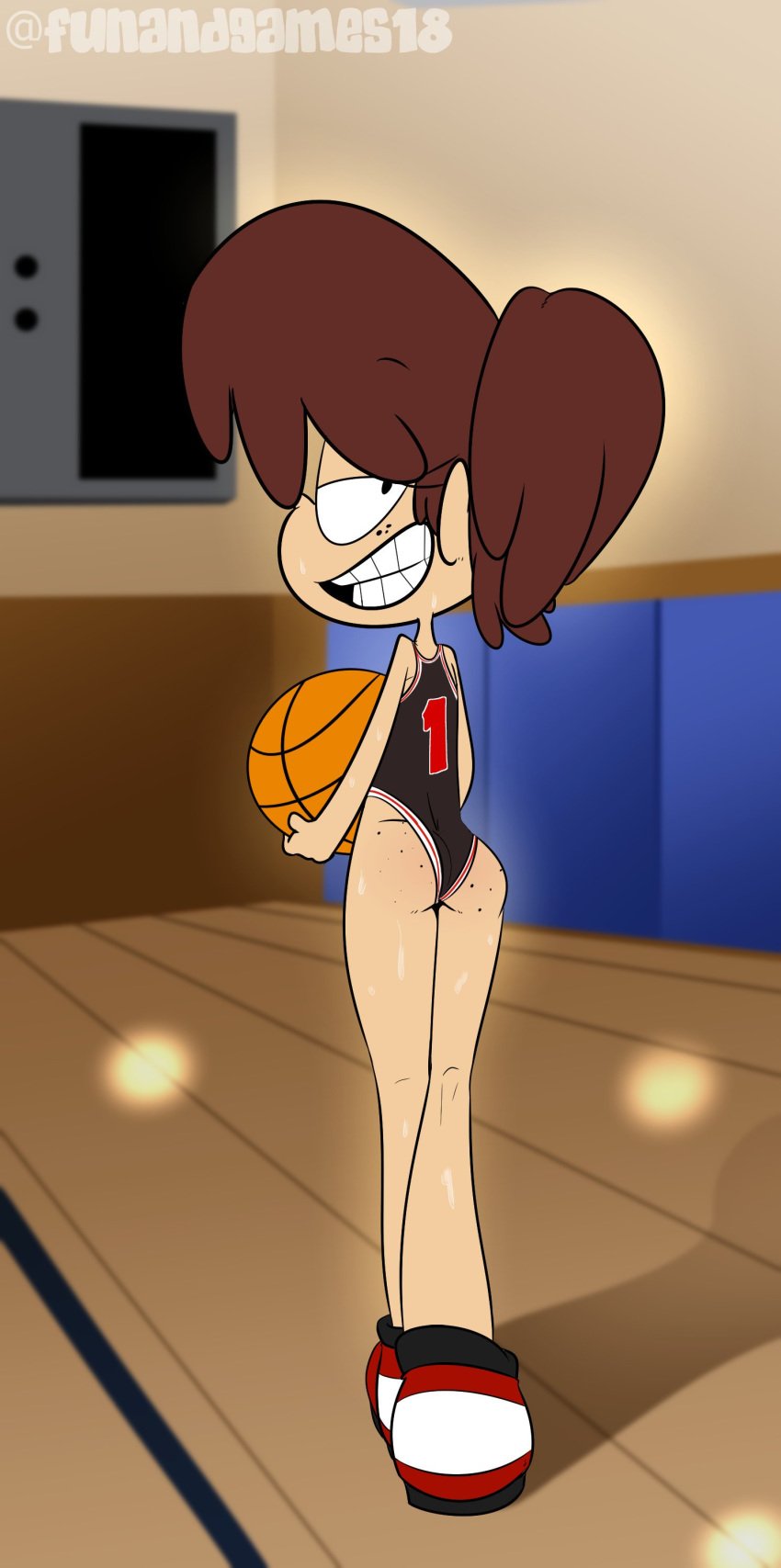 alternate_outfit basketball female funandgames18 looking_at_viewer lynn_loud nickelodeon smile solo sports straight_hair sweating teeth the_fresh_knight the_loud_house